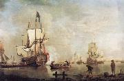 The Royal Caroline in a calm estuary flying a Royal standard and surrounded by an attendant barge and other small boats Thomas